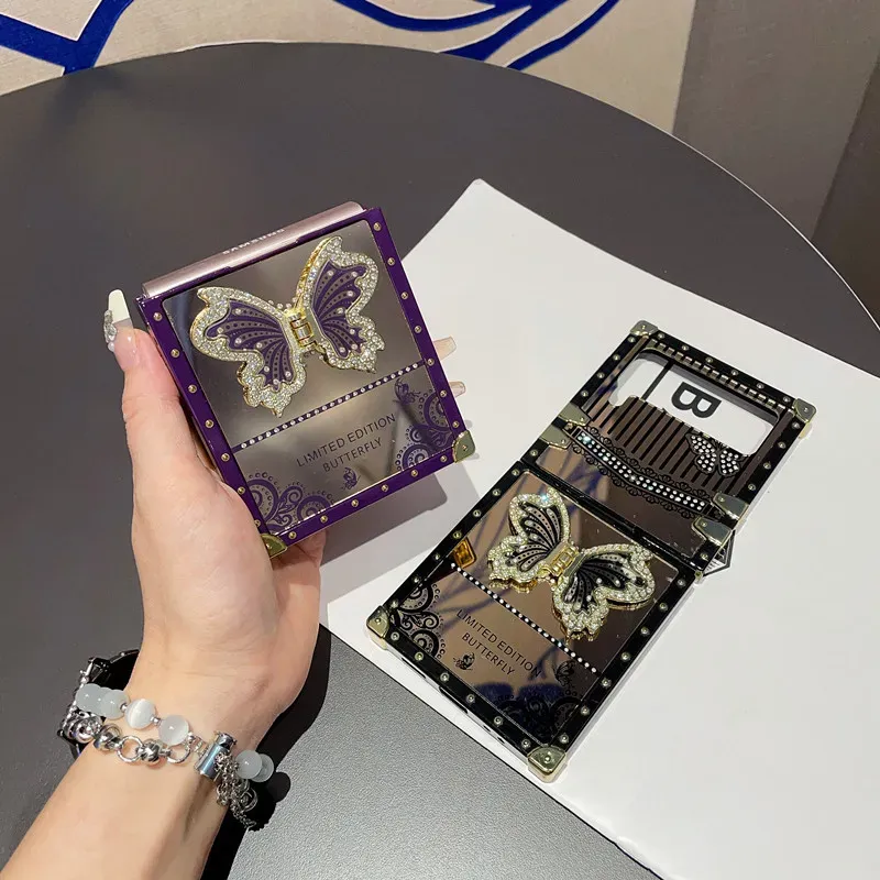 Cute Luxury Bling Sparkly Rhinestones Butterfly Stand Mirror Back Elegant Shockproof Case